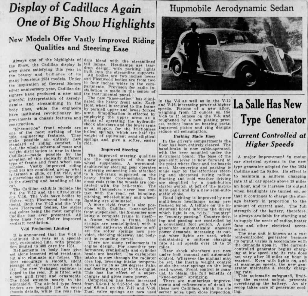 Cadillac display under the spotlight at the 1934 Detroit Auto Show.
Source: Detroit Free Press, January 21, 1934, p. 17 (Newspapers.com).