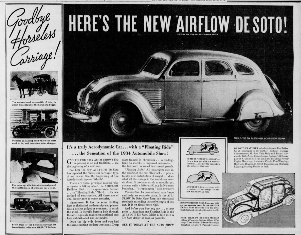 A 1934 De Soto advertisement highlighting modern chassis advancements over early “horseless carriages.”
Detroit Free Press, January 21, 1934, p. 17 (via Newspapers.com).