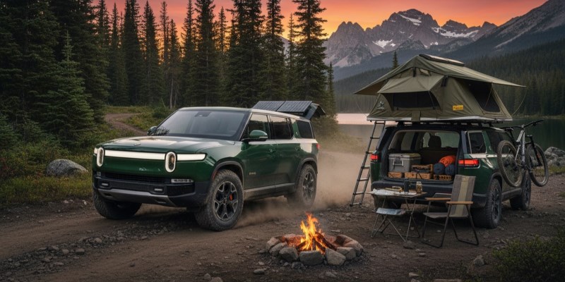 Designed for outdoor exploration, the Rivian R2 features off-road drive modes and rugged underbody protection.