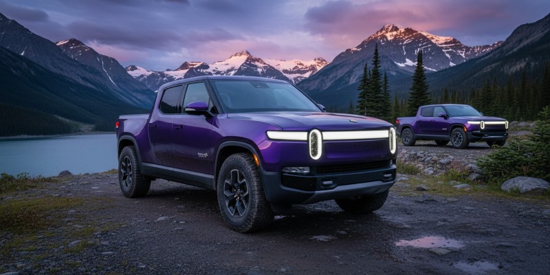 Rivian introduces limited-run Borealis Purple paint option for R1T and R1S electric trucks.