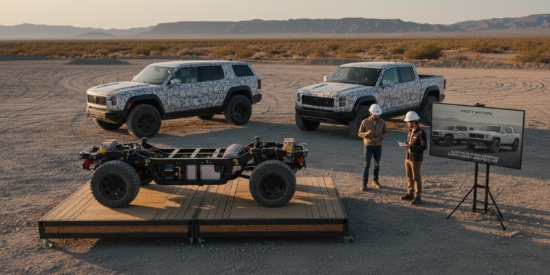 Scout confirms ladder-frame platform for upcoming electric SUV and pickup production.