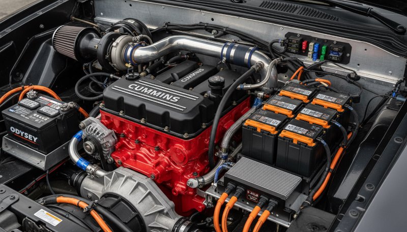 The 2.8-liter Cummins diesel engine acts as a generator in Edison Motors’ series-hybrid pickup system.