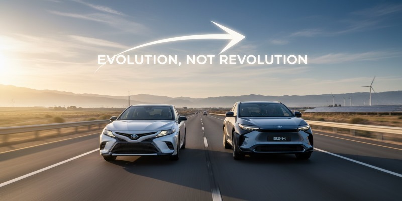 Toyota hybrid sedan and bZ electric SUV driving together in 2026 symbolizing evolution toward electrification.