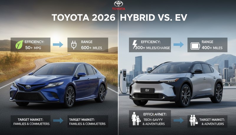 Toyota’s 2026 hybrid and EV comparison highlights efficiency, range, and target market differences.